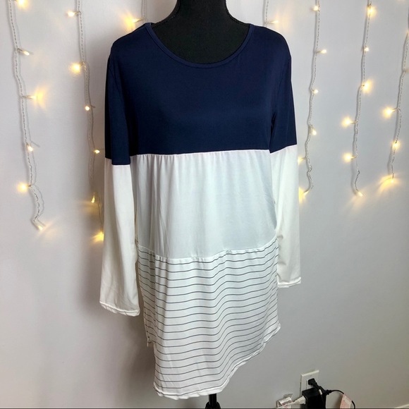 Navy blue white and striped color block tunic top - Picture 1 of 5
